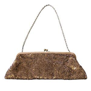Vintage 90s Franchi Brown Sequin Kiss Lock Clutch Chain Strap Evening Bag Prom